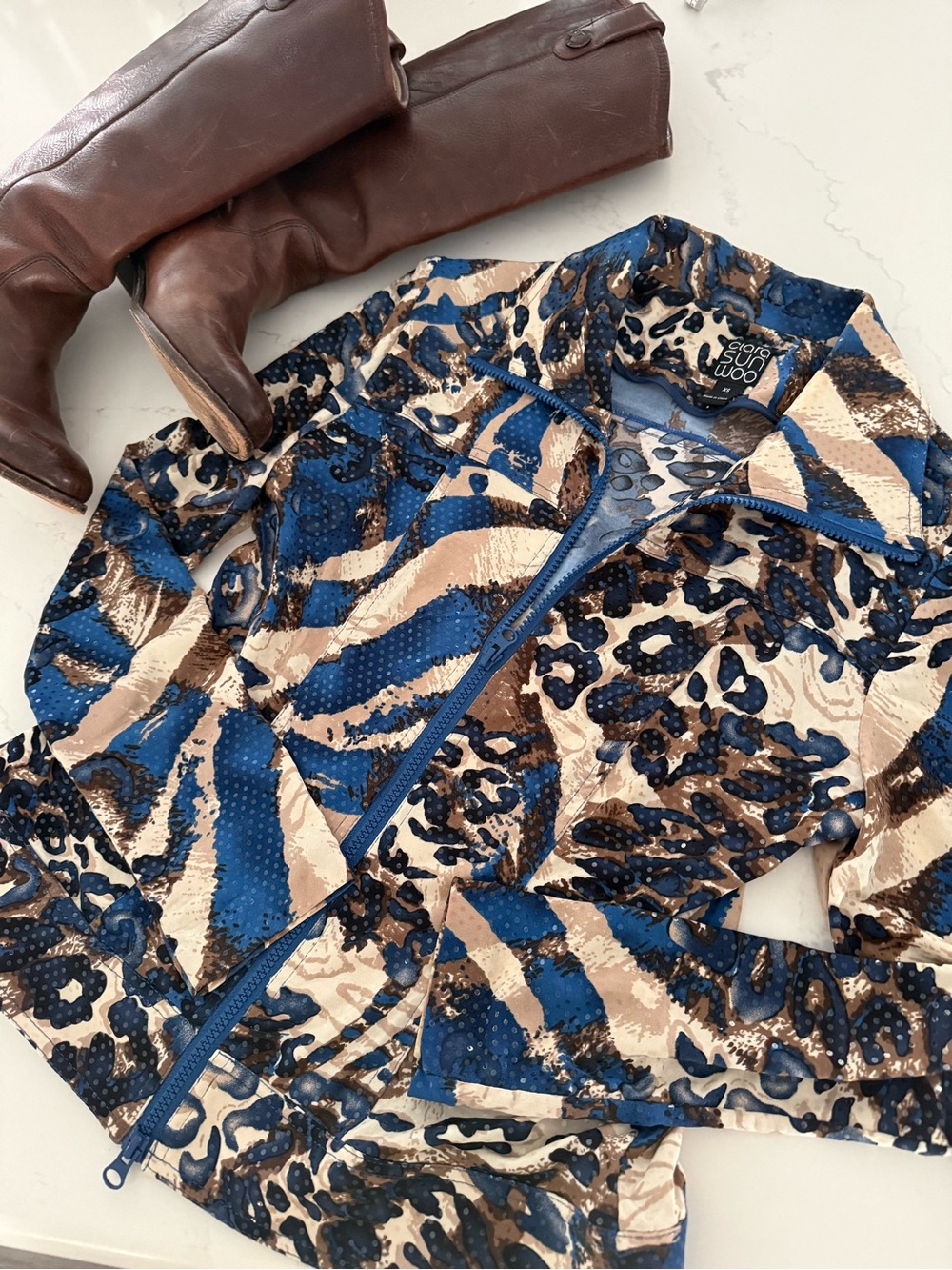 Clara Sunwoo Blue & Beige Animal-Print Moto Jacket